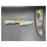 Fixed Blade Damascus Steel Knife w/Leather Sheath