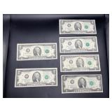 (6) 2 DOLLARS NOTES UNCIRCULATED