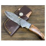 Handmade Folding Damascus Knife & Sheath SEE NOTE
