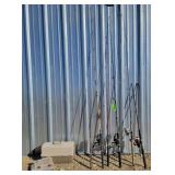 6 Fishing Poles w/ Tackle Box & Small Jig Boxes