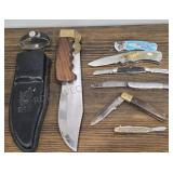 Knife w/ Sheath & Variety of Pocket Knives