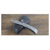 Damascus Steel Pocket Knife w/ Leather Sheath