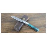 Damascus Steel Pocket Knife w/ Leather Sheath
