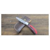 Damascus Steel Pocket Knife w/ Leather Sheath