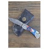 Damascus Steel Pocket Knife w/ Leather Sheath