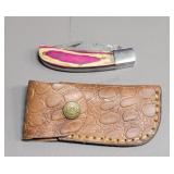 Damascus Folding Knife w/  Sheath