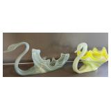 2 - Blown Glass Swan Bowls - Green/Yellow & Blue