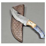 Damascus Hunting Knife w/Gut Hook & Leather Sheath