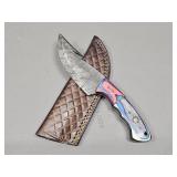 Damascus Hunting Knife w/Gut Hook & Leather Sheath