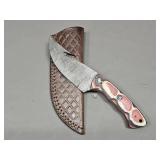 Damascus Hunting Knife w/Gut Hook & Leather Sheath