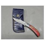 Damascus Folding Knife with Sheath