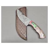 Damascus Hunting Knife w/Gut Hook & Leather Sheath