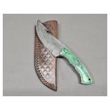 Damascus Hunting Knife w/Gut Hook & Leather Sheath