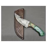 Damascus Hunting Knife w/Gut Hook & Leather Sheath