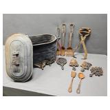 Tin Tub with Ice Tongs & Misc