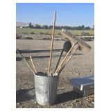 Metal Trash Can w/ Round Up of Yard Tools