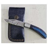 Damascus Folding Knife & Sheath