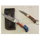 2 - Damascus Folding Knives & 1 - Sheath