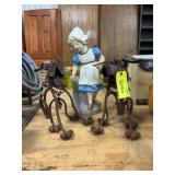 2 Metal Dog Sculptures & Cement Girl Statue
