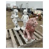 3 Concrete Yard Decor Statues - Boy, Girl, Lion