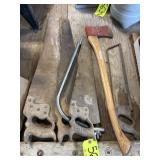 4 Hand Saws, Hack Saw, Ax & Bow Saw