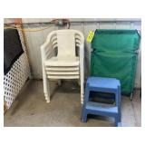 24in Cot, 4 Plastic Chairs & 2 Plastic Step Stools