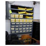 Metal shelving unit with parts bins