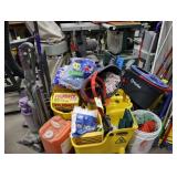 Lot of assorted cleaning tools buckets, mops,