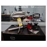 Small stainless propane grill & 2 battery lamps