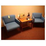 Pair of blue side chairs and table