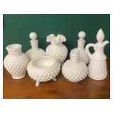 Hobnail Milk Glass Cruets, Vases & Bowl