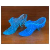 2 Blue Hobnail Glass Slippers
