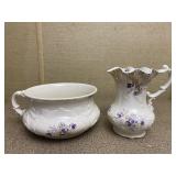 Greek Water Pitcher & Large Bowl Purple Flowers