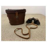 Old Army Issue Binoculars w/ Leather Case & Strap
