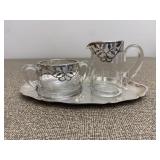 Clear Glass Cream & Sugar Bowls Silver Style Tray