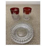 Set of 2 Small Cranberry Glasses & Clear Dish