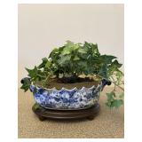 Small Blue & White Planter on Wood Stand