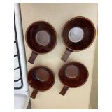 4 Brown Pottery Soup Bowls with Handles USA