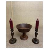 Wood Fruit Bowl & Candle Holder Set Vintage