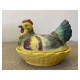 Hand Painted Chicken Hen on Nest Basket Dish