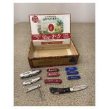 Group of 10 Small Advertising Knives & Cigar Box