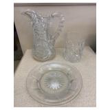 Clear Cut Glass Pitcher Cup & Plate