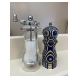 Pair of Salt & Pepper Shakers Blue Tan & Clear