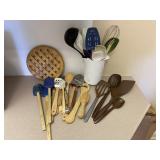 Large Group of Wood & Plastic Kitchen Utensils