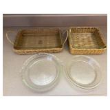2 Wicker Serving Dishes & 2 Clear Pie Plates