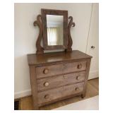 Antique Three Drawer Wood Dresser & Mirror Combo