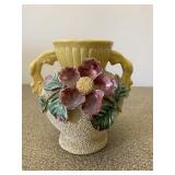 Yellow w/ Red Flower Pottery Vase Sand Majolica
