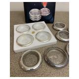 Set of Glass Drink Coasters Silver Tone Trim