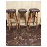 Set of 3 Brown Wooden Bar Stools Vintage