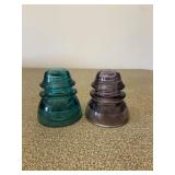Pair of 2 Old Glass Insulators Blue/Green & Purple
